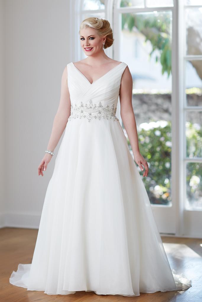VW8704 - Plus Size V Neck A Line Wedding Dress with Wide Beaded Waist & Lace Up Back