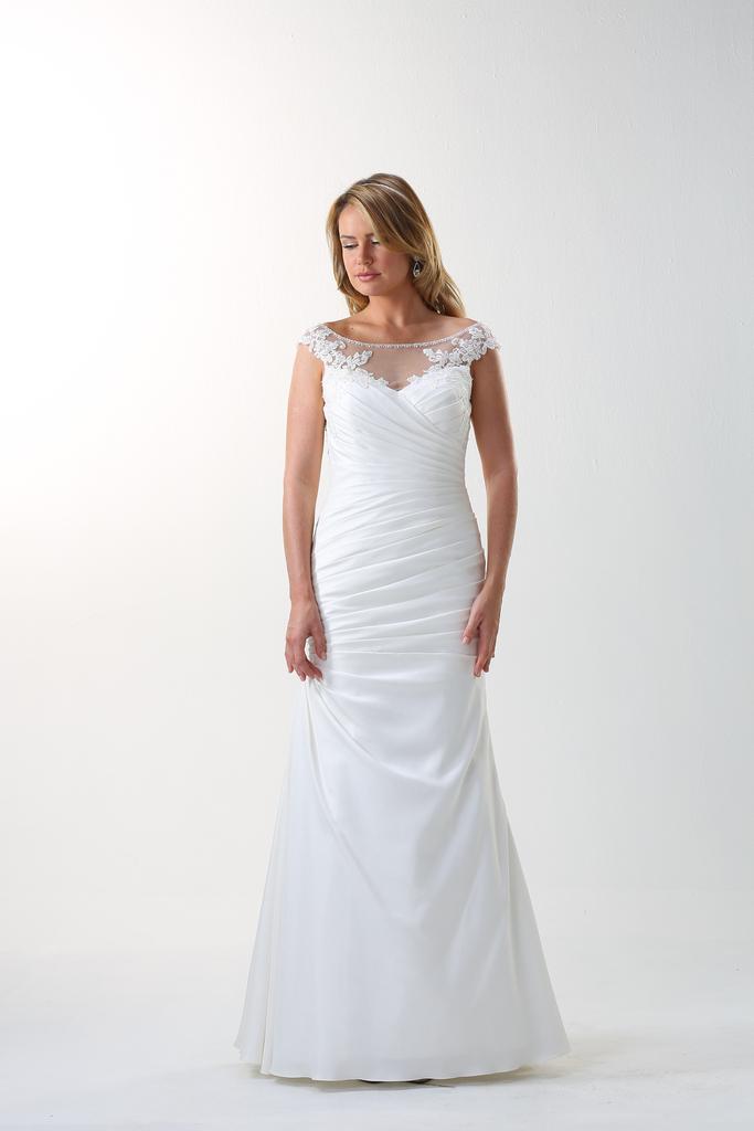 VN6858 - Venus Ivory Vintage Shantung Slight Fit And Flared Wedding Gown with Lace Illusion Neckline.